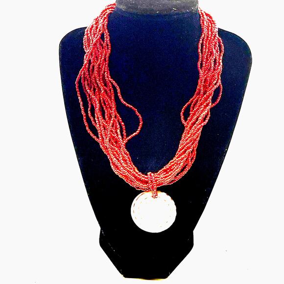 Vintage Multi Strand Seed Bead Rust Red Stone Pendant Necklace B#8 - Picture 2 of 11